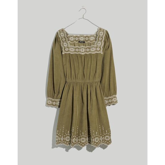 Madewell Green + White Embroidered Corduroy Square Neck Boho Mini Dress - Medium - Picture 11 of 11